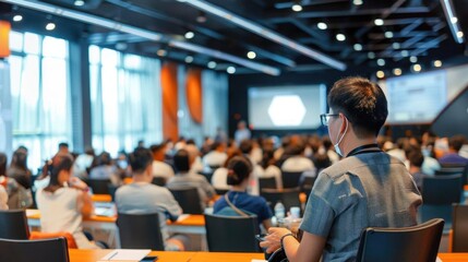 Professionals at a growth hacking seminar, AI applications in business automation, high-tech and interactive learning environment