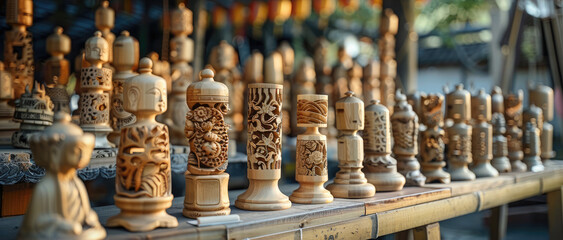 The surface of the bamboo is carved with various patterns, and the bamboo sculptures are placed on the wooden table, and the sculptures are cylindrical. Generative AI.