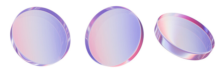 3D futuristic glass circle holographic effect render illustration abstract modern crystal disc shape. Glossy pink round lens, spectrum fluid material puck set, research transparent plate. 3D glass