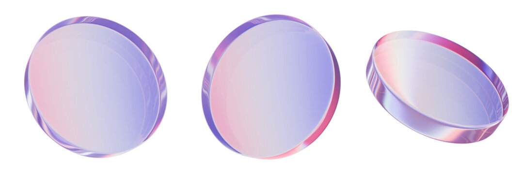 3D futuristic glass circle holographic effect render illustration abstract modern crystal disc shape. Glossy pink round lens, spectrum fluid material puck set, research transparent plate. 3D glass