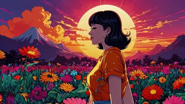 The sun rises over a landscape of bold, pop art flowers, each bloom expanding and contracting with the rhythm of 60s psychedelic music. environment, causing the flowers, 4k Animation video