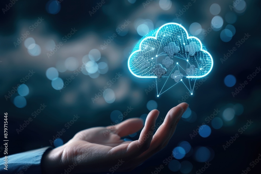 Poster hand holding a glowing digital cloud, representing cloud computing, technology, and data storage in 