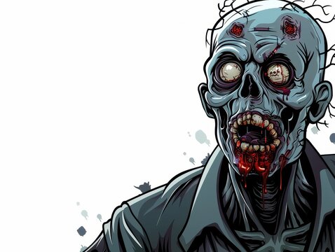 Illustration of a blue zombie with glowing eyes and bloodied mouth against a white background. Perfect for horror and Halloween themes.