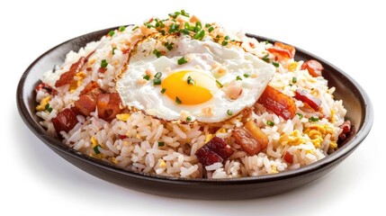 A plate of fried rice topped with a fried egg and bacon bits.