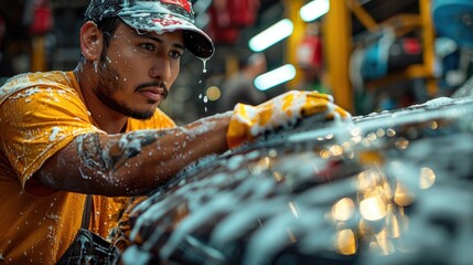 An industrious worker wearing gloves and a cap meticulously cleans a car with soap under bright artificial lights, showcasing attention to detail and dedication to cleanliness and service.