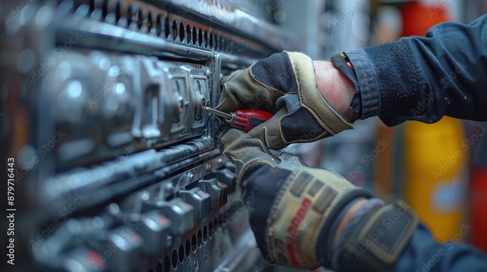 Poster an industrious worker, protected by gloves, focuses intently on using tools to perform maintenance o