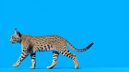Obraz premium A serval cat with a golden coat and black spots walks gracefully across a blue background, symbolizing freedom, agility, and untamed beauty in nature.