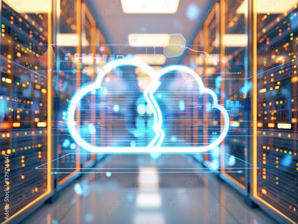 Poster modern data center server room with glowing cloud technology symbol. digital innovation and cloud st