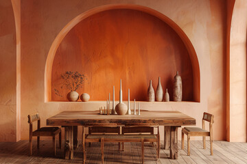 Earthy Minimalist Dining Room in Burnt Orange With Textured Walls and Natural Materials