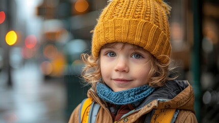 A young child with curly hair smiles warmly while wearing a yellow beanie and cozy winter attire outdoors in a city, capturing the innocence and joy of childhood.