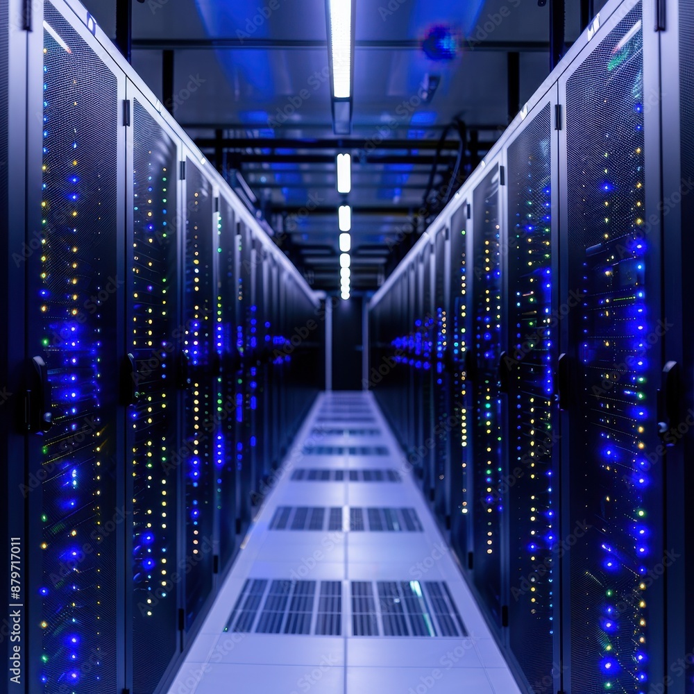 Poster modern data center with glowing blue lights on server racks representing technology, networking, and