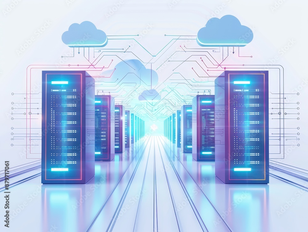 Poster modern data center with rows of server racks, cloud computing symbols, and blue lighting representin