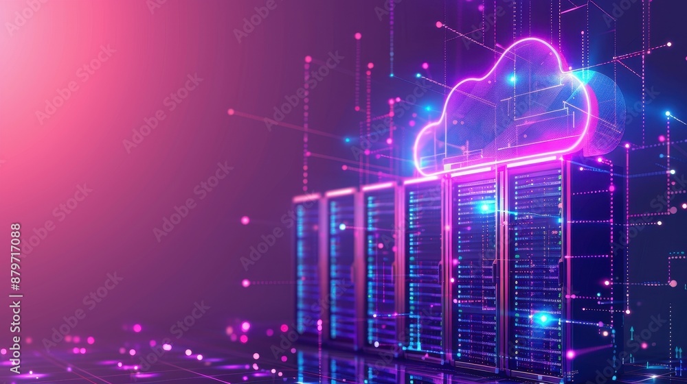 Aufkleber neon glowing cloud computing data center with vibrant pink and blue lights, showcasing futuristic te