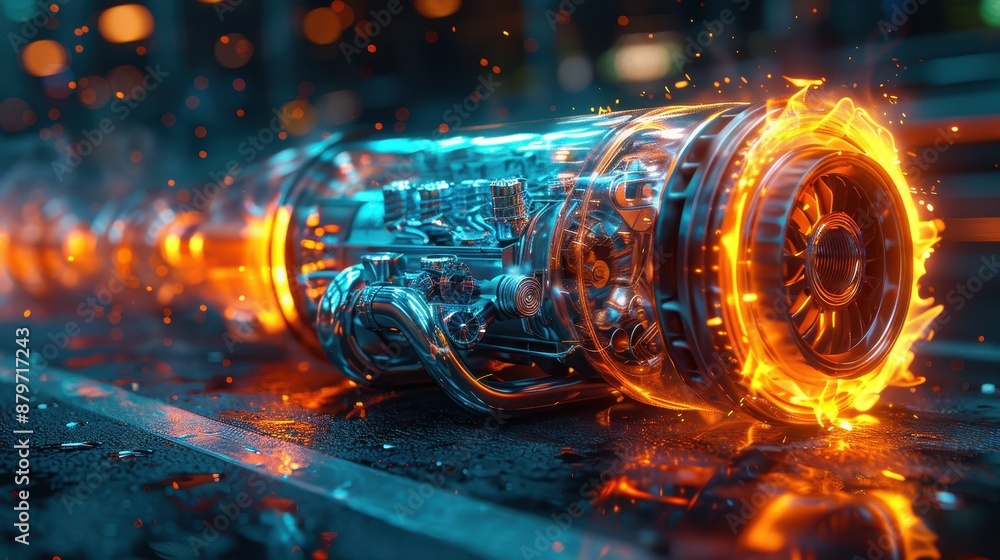 Poster a futuristic machine engine with glowing orange elements and visible sparks, representing advanced t
