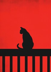 Silhouette of a cat sitting on a fence against a vibrant red background, creating a stark and dramatic visual contrast.