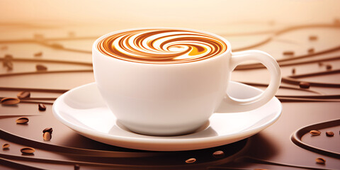 Aromatic coffee cup with latte art swirls.