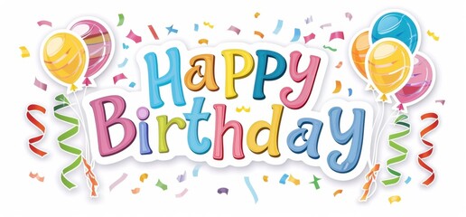 sticker with text "Happy Birthday" in colorful letters on a white background, with birthday balloons and streamers Generative AI