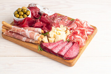 Charcuterie board. Antipasti appetizers of meat and cheese platter with salami, prosciutto crudo or jamon and olives