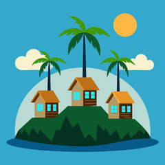 Multiple lodges on the island with coconut trees and sun vector illustration 
