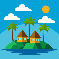 Multiple lodges on the island with coconut trees and sun vector illustration 