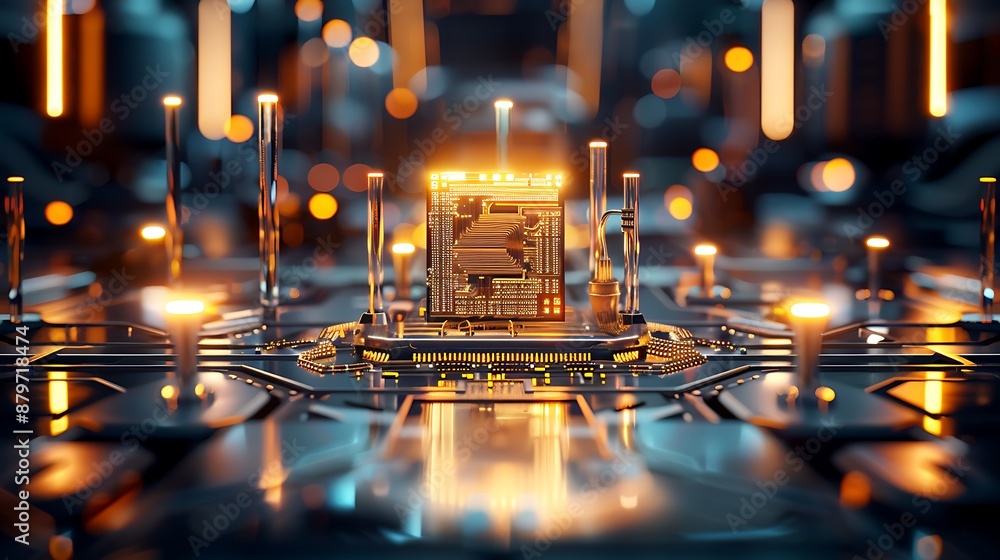 Poster futuristic quantum computer chip with glowing elements and intricate circuits against an abstract ba