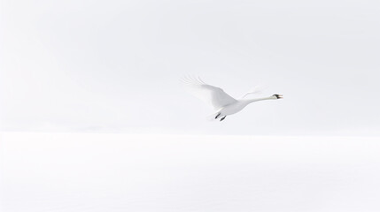 majestic white swan flies gracefully across a serene winter landscape