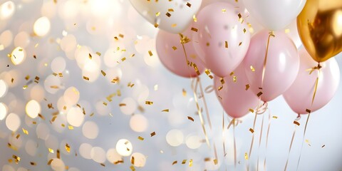 Rustic Backdrop with Pastel Balloons and Golden Confetti Perfect for Celebrations. Concept Celebrate, Rustic Backdrop, Pastel Balloons, Golden Confetti, Outdoor Photoshoot