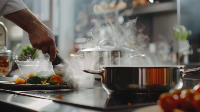 Modern Kitchen Magic: A Chef Showcasing the Versatility of a New Cooking Appliance through Mouthwatering Creations