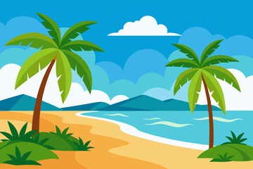 Tropical beach with palm vector illustration on white background