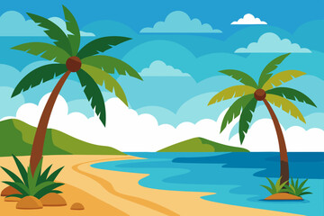 Tropical beach with palm vector illustration on white background