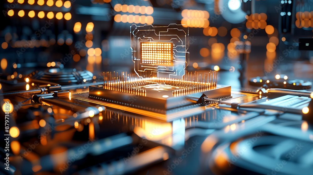 Poster futuristic quantum computer chip with glowing elements and intricate circuits against an abstract ba