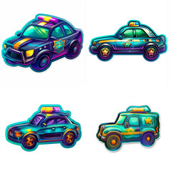 Police car icons set. Police car icons in cartoon doodle style for stickers, printing, web icons, children's promo materials and other projects, scrapbooking. Generative AI