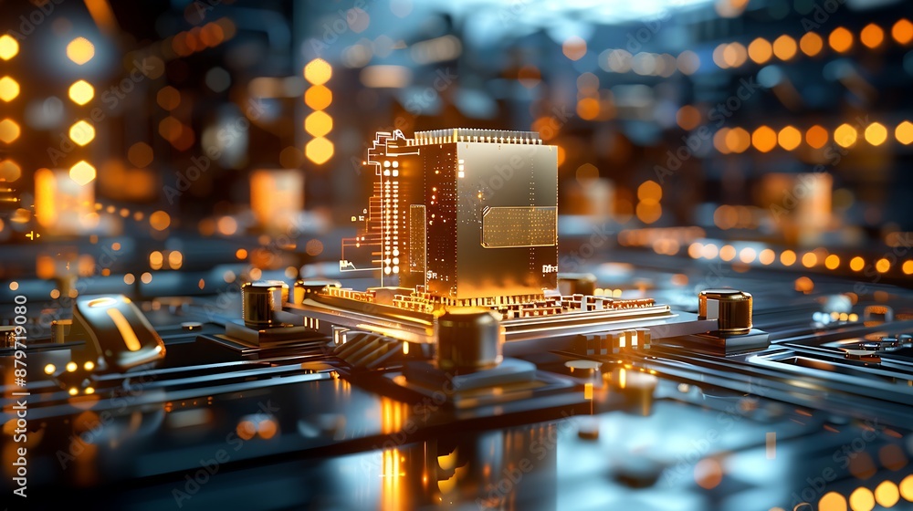 Poster futuristic quantum computer chip with glowing elements and intricate circuits against an abstract ba