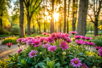 Obraz premium frozen forest nature in flashes of light rays.