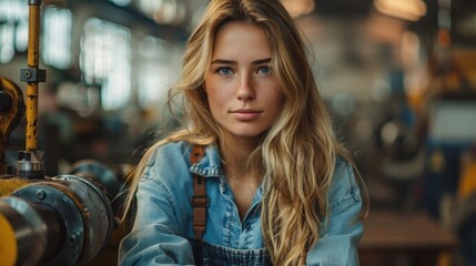 Fototapeta premium A young blonde woman in a denim jacket, in an industrial workshop setting, expressing focus and determination, surrounded by machinery and tools, symbolizing modern craftsmanship.