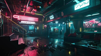 Neopunk Architecture Environment. AI generated art illustration.