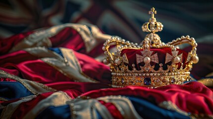 Obraz premium United Kingdom. During the coronation of Charles, the monarch was crowned. A flag with the Crown of Great Britain on the background, a national holiday to celebrate the monarch's coronation