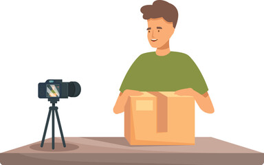 Smiling influencer unboxing package while recording video blog on camera