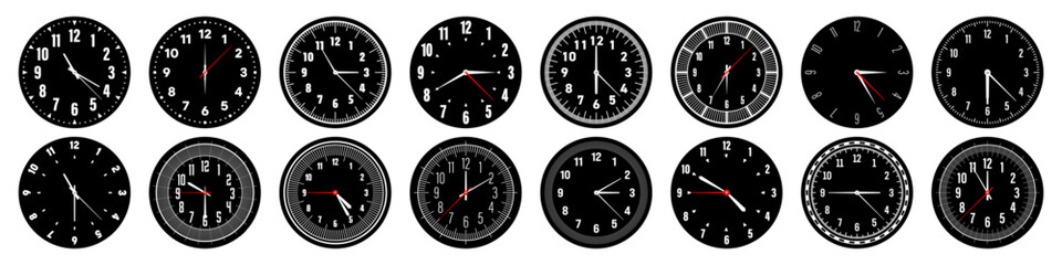 Mechanical clock faces with hands, bezel. Watch dial with minute, hour marks and numbers, arabic numerals. Timer or stopwatch element. Measuring circle scale with divisions. Vector illustration