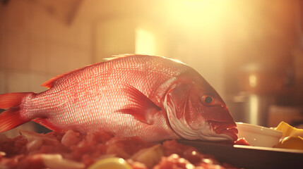 Obraz premium Red fish on ice with lemon and herbs in warm sunlight