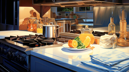 Retro futurism kitchen counter with orange still life