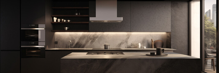 Modern minimalist kitchen design with dark marble countertops and stainless steel appliances, the image evokes a sense of luxury and sophistication.