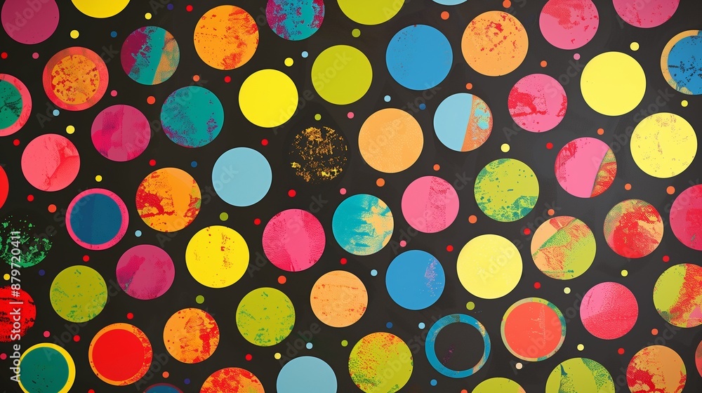 Poster a colorful polka dot pattern with vibrant designs, perfect for adding a lively touch to any project.