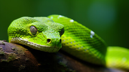 Fototapeta premium A green snake with white markings on its face is coiled on a branch, looking at the camera with a curious expression.