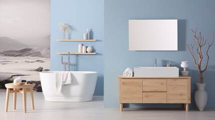 Bathroom interior with blue walls, wooden vanity, bathtub and towel.