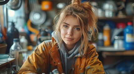A young woman, clad in a yellow rain jacket, is captured in her busy workshop surrounded by various tools and objects. She appears ready and determined to take on any task.