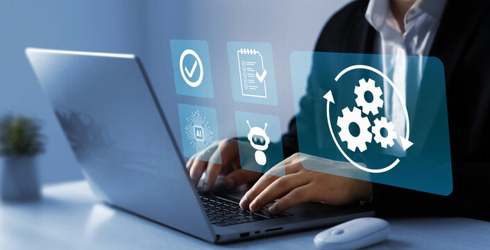 Technology to automate business tasks with AI robotic management.Automated industrial technology with digital transformation.Business process optimisation.Robotic process automation or RPA.