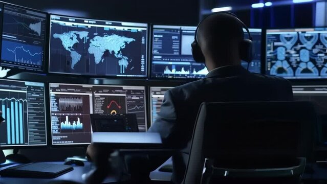 Professional working in cybersecurity operations center with multiple screens, monitoring global network activity and data analytics.