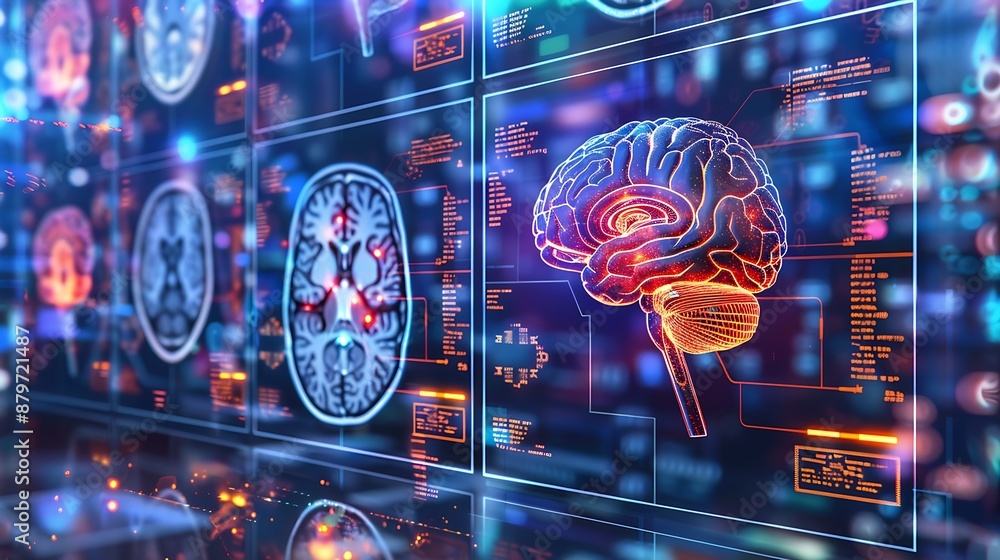 Poster brain scan images on futuristic transparent displays with glowing neural activity, signifying neurol