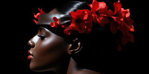 Closeup portrait of a beautiful black woman with red flowers in her hair